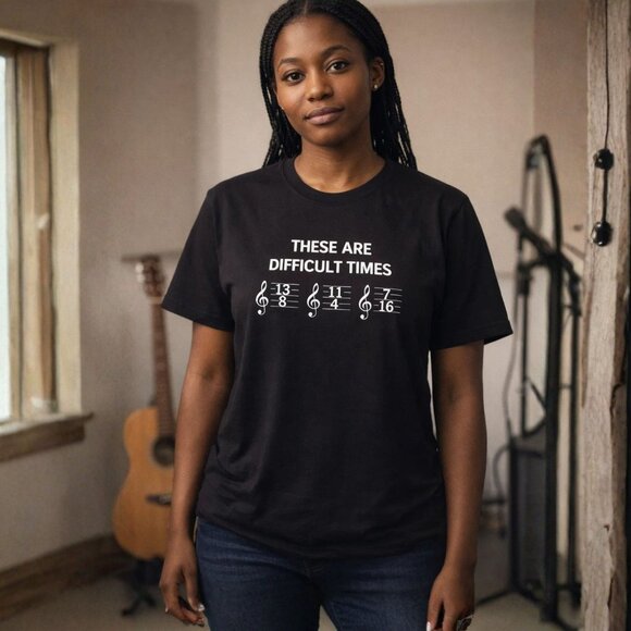 Music Humor Graphic T Shirt Small Relaxed Fit Black Difficult Times Treble Clef - Picture 2 of 10